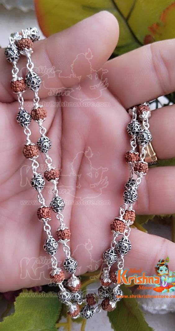 Silver Om Carved Rudraksha Malac Silver Mala