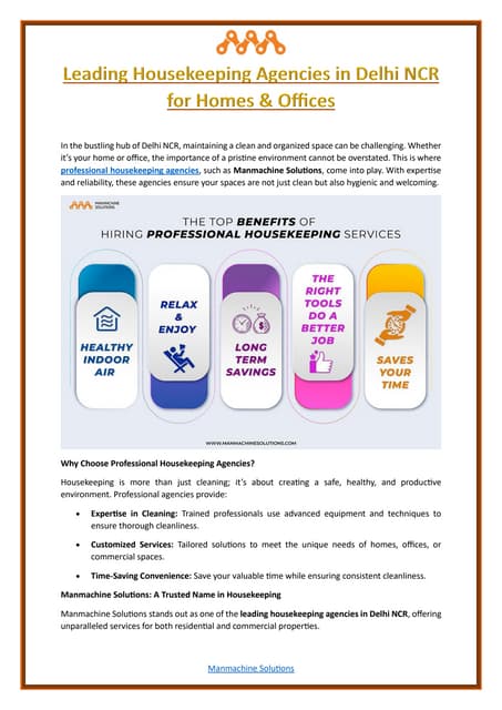 Leading Housekeeping Agencies in Delhi NCR for Homes & Offices | PDF