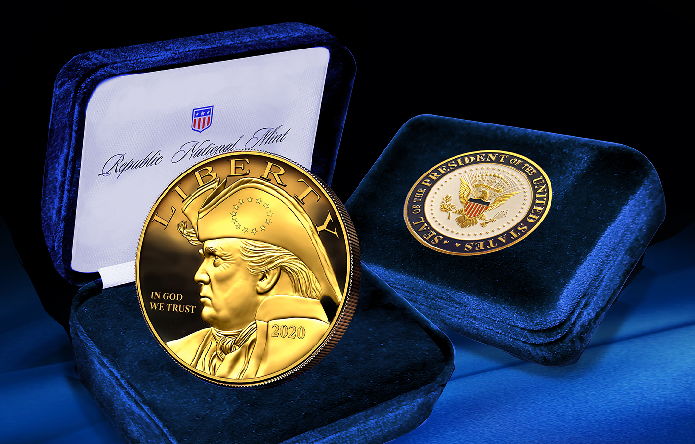 Trump 2020 A Gold Eagle Coin With Blue Velvet Gift Box