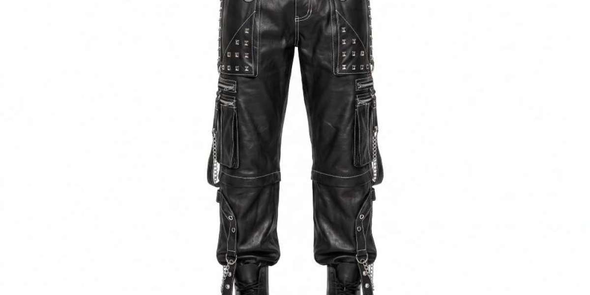 Men’s Black Leather Cargo Pants with Gothic Cyberpunk Studded Chain Style